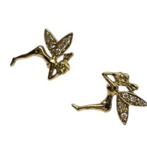 VINTAGE GOLD TONE FAIRY PIXIE STUD EARRINGS RHINESTONE WINGS WHIMSICAL CUTE - Picture 10 of 14